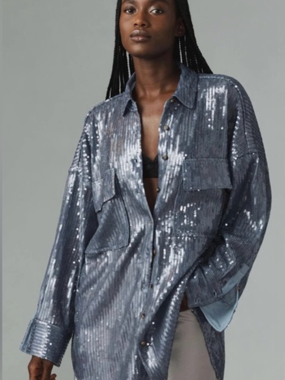 Anthropology Sequin-Embellished Oversized Shirt Jacket - Steel Blue